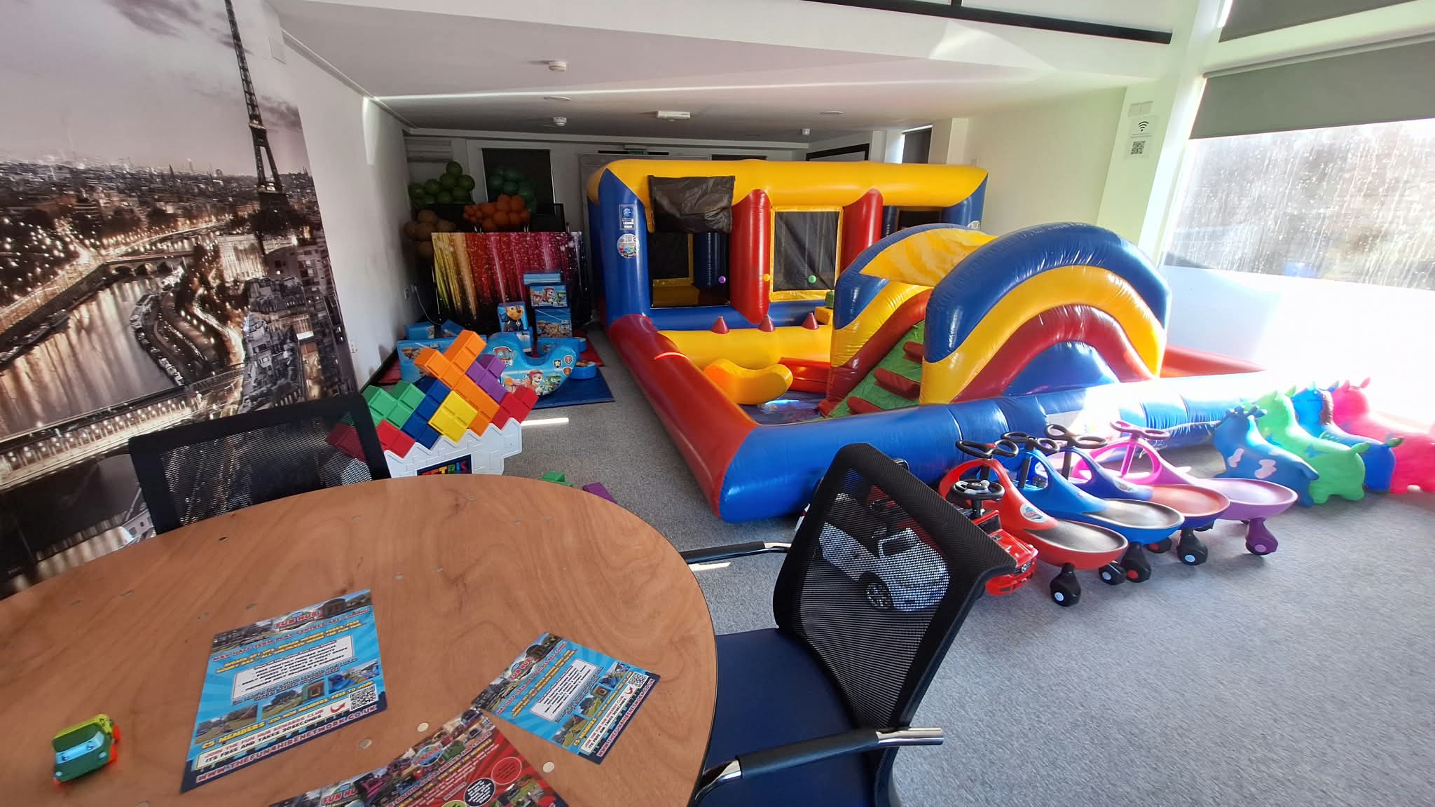 Indoor inflatable play area and ride-on toys available for children’s party hire in Southampton